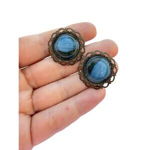 West German Vintage Blue Swirl Glass Clip on Earrings; Midcentury German Made Fi